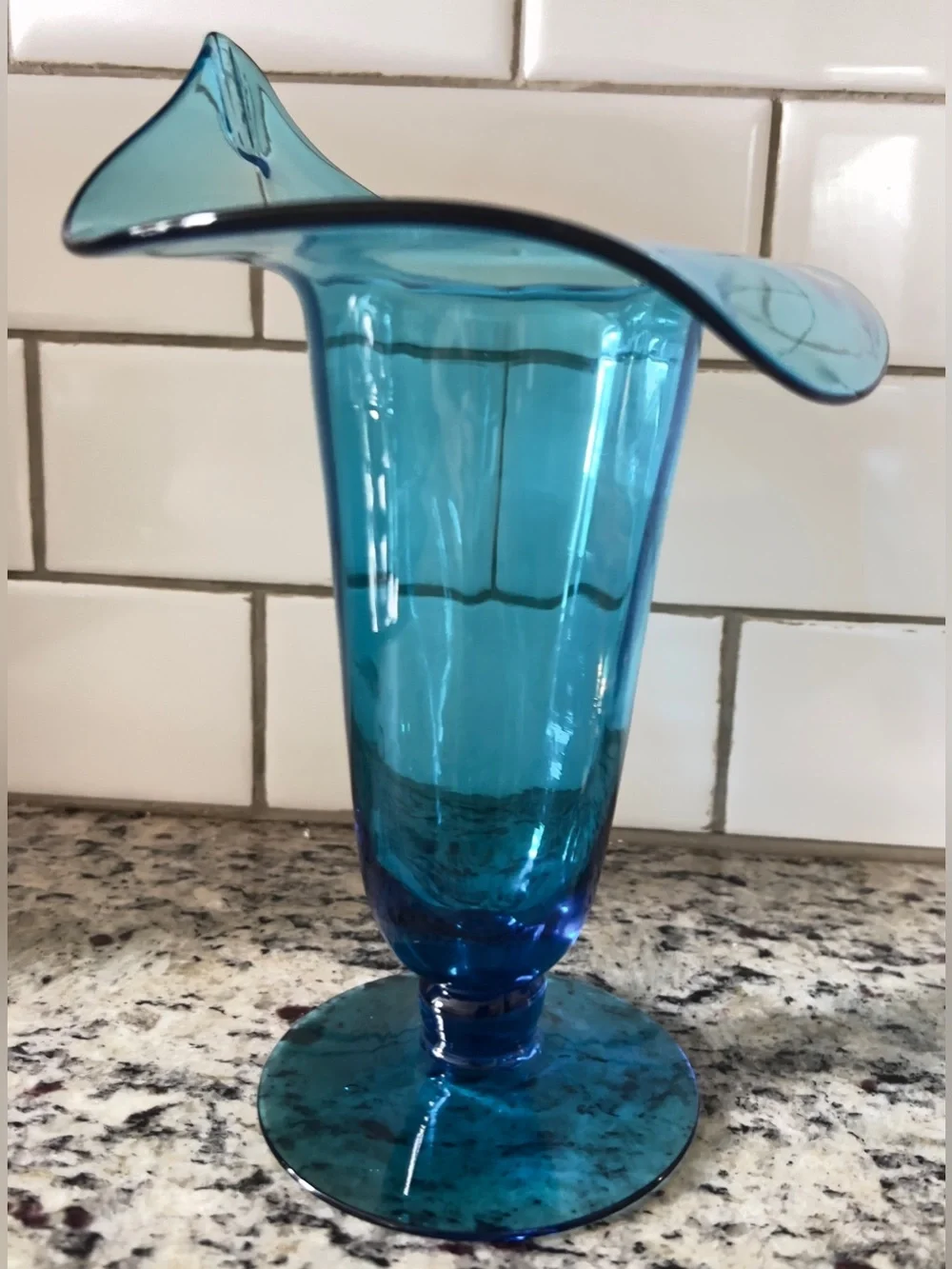 Vtg Bischoff Glass Peacock Blue Ruffled Trumpet Vase MCM
